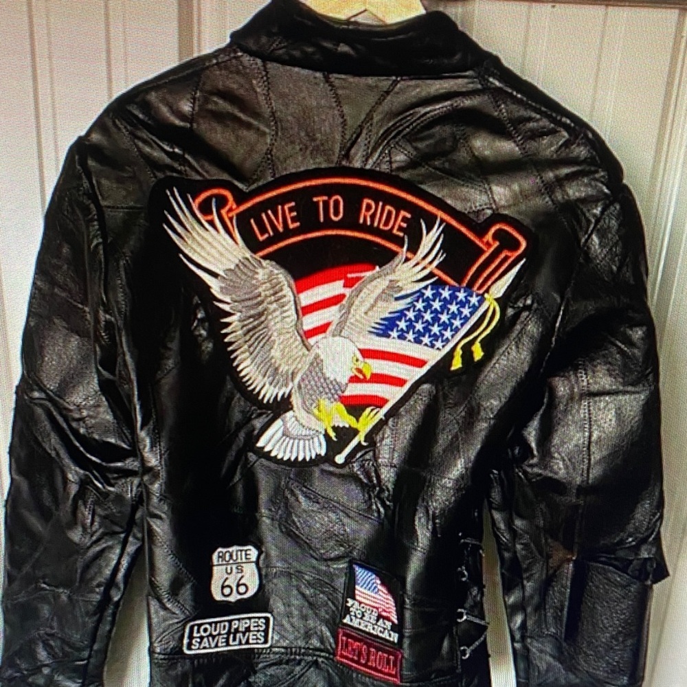 Men's Black Bomber Jacket with Eagle and Flag Design